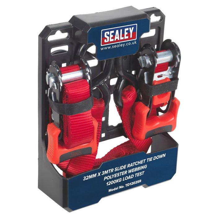 Sealey Slide Ratchet Tie Down 32mm x 3m Polyester Webbing with S-Hooks 1200kg Br Sealey - Dynamic Drive