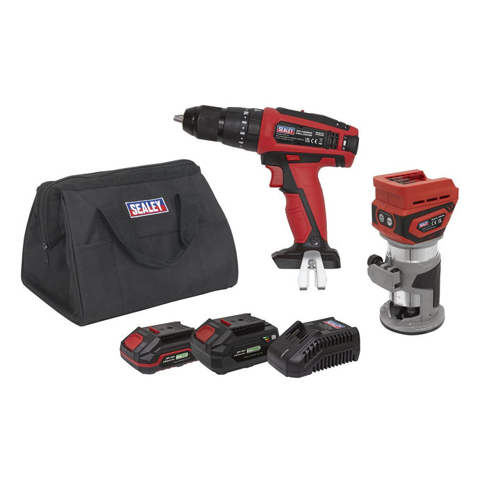 Sealey 2 x SV20 Series Cordless Router & Combi Drill Kit 20V - 2 Batteries Sealey - Dynamic Drive