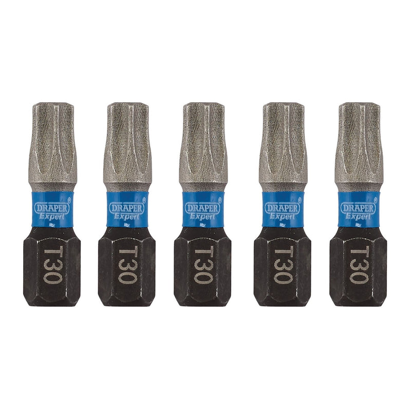 Draper Expert TX-STAR Impact Screwdriver Bits, T30 x 25mm, 1/4" Hex (Pack of 5) Draper - Dynamic Drive