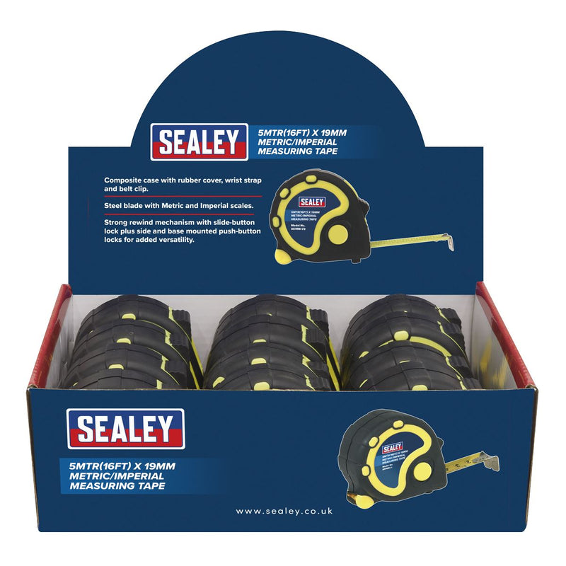 Sealey Rubber Tape Measure 5m(16ft) x 19mm Metric/Imperial Display Box of 12 Sealey - Dynamic Drive