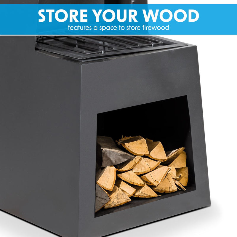 Dellonda Outdoor Chiminea Fireplace Fire Pit Heater Firewood Storage Black Steel Dellonda  - Dynamic Drive