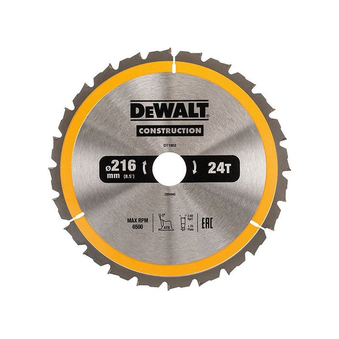 Dewalt Power Tools Stationary Construction Circular Saw Blade 216 x 30mm x 24T ATB/Neg DeWALT Power Tools - Dynamic Drive