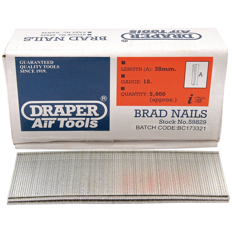 Draper Brad Nails, 38mm (Pack of 5000) 59829 Draper - Dynamic Drive