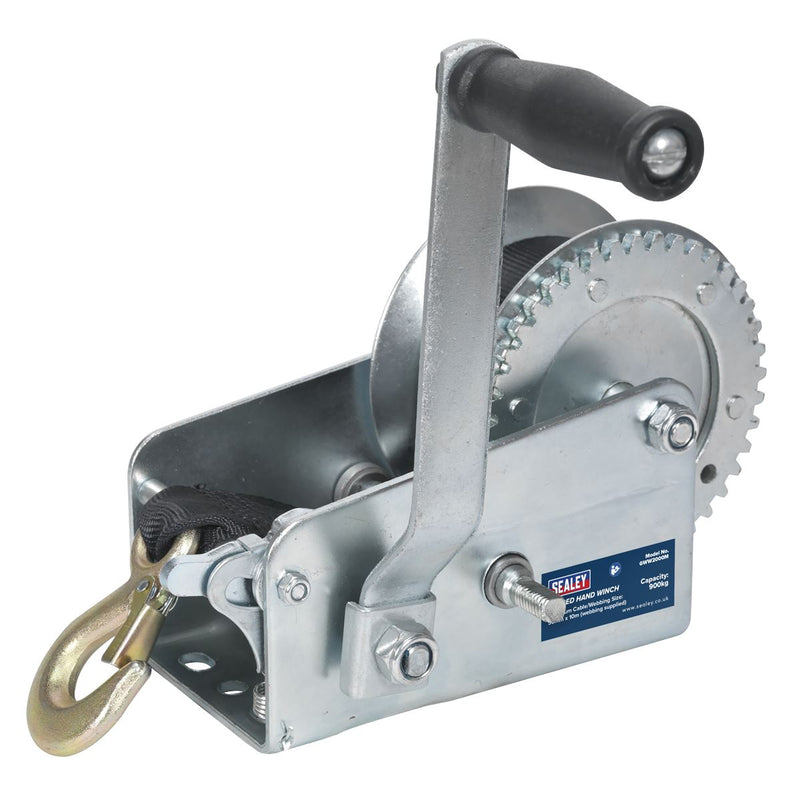 Sealey Geared Hand Winch 900kg Capacity with Webbing Strap GWW2000M Sealey - Dynamic Drive