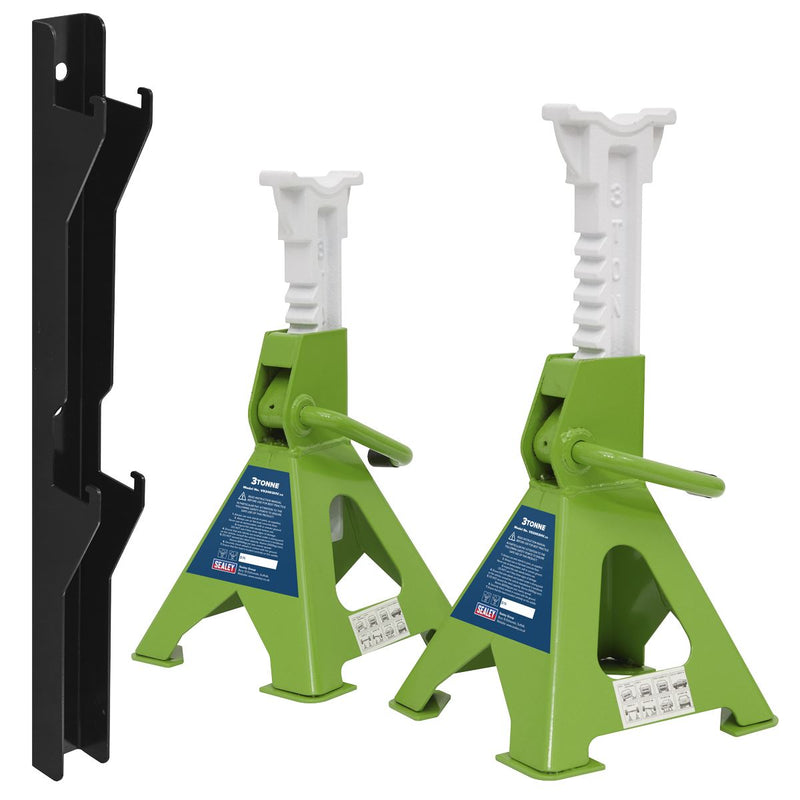 Sealey Axle Stand & Axle Stand Storage Rack Combo 3 Tonne - Hi-Vis Green Sealey - Dynamic Drive