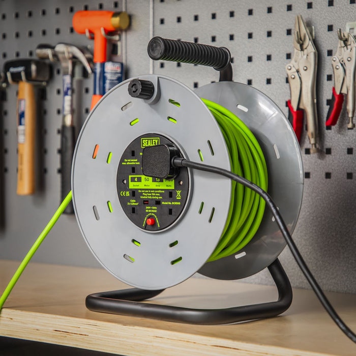 Sealey 50m Cable Reel with Thermal Trip 4 x 230V - Hi-Vis Green BCR50G Sealey - Dynamic Drive