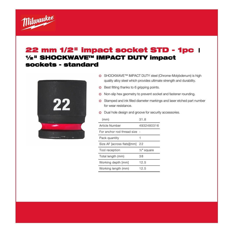 Milwaukee Hex Socket Shw 1/2 Std 22mm-1Pc 4932480316 Milwaukee - Dynamic Drive
