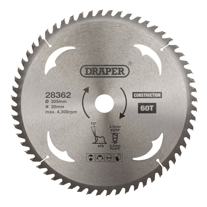 Draper TCT Construction Circular Saw Blade, 305 x 30mm, 60T 28362 Draper - Dynamic Drive