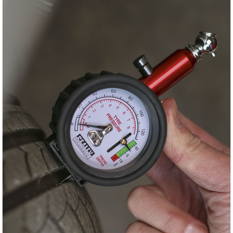 Sealey Tyre Pressure Gauge with Tyre Tread Depth Gauge 0-8bar(0-120psi) TSTPDG01 Sealey - Dynamic Drive