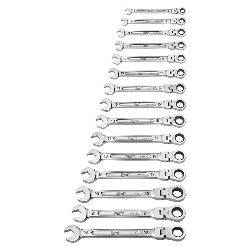 Milwaukee MAX BITE metric flexible head ratcheting combination spanner 15 set Milwaukee - Dynamic Drive