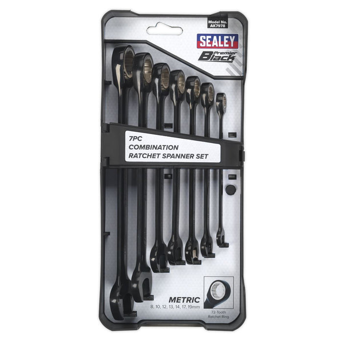 Sealey Premier Black Series 7pc Ratchet Combination Spanners Set 72 Tooth 8-19mm Sealey  - Dynamic Drive