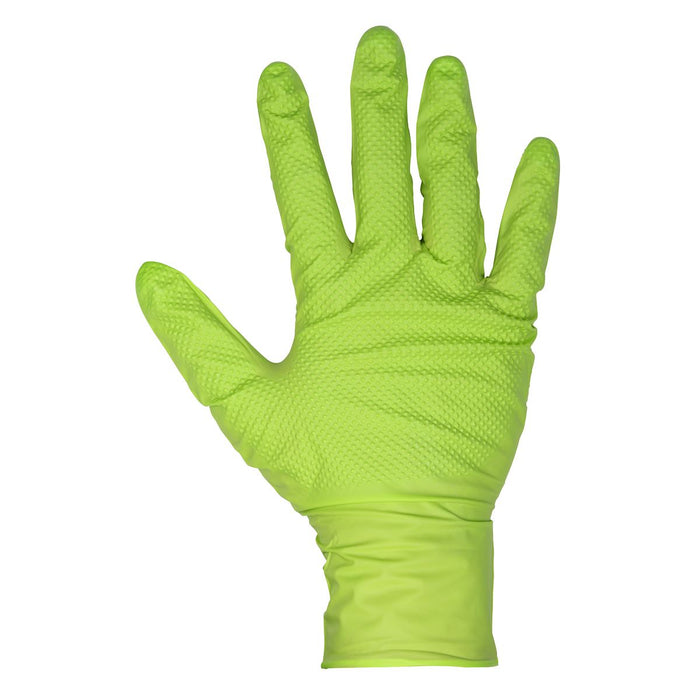 Diamond Grip Extra-Thick Nitrile Powder-Free Gloves Hi-Vis Green XL Pack of 50 Sealey - Dynamic Drive
