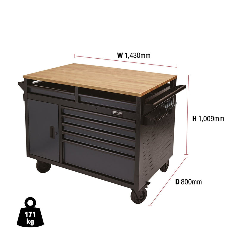 Draper BUNKER Multi-Functional Workbench Roller Tool Cabinet, 14 Drawer, 48", Gr Draper - Dynamic Drive
