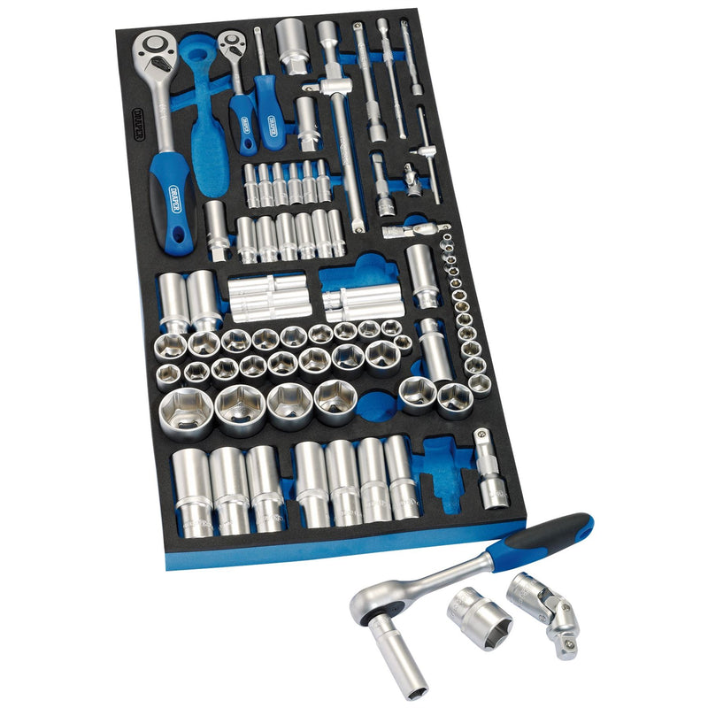 Draper Socket Set in Full Drawer EVA Insert Tray, 1/4", 3/8", and 1/2" (84 Piece Draper - Dynamic Drive