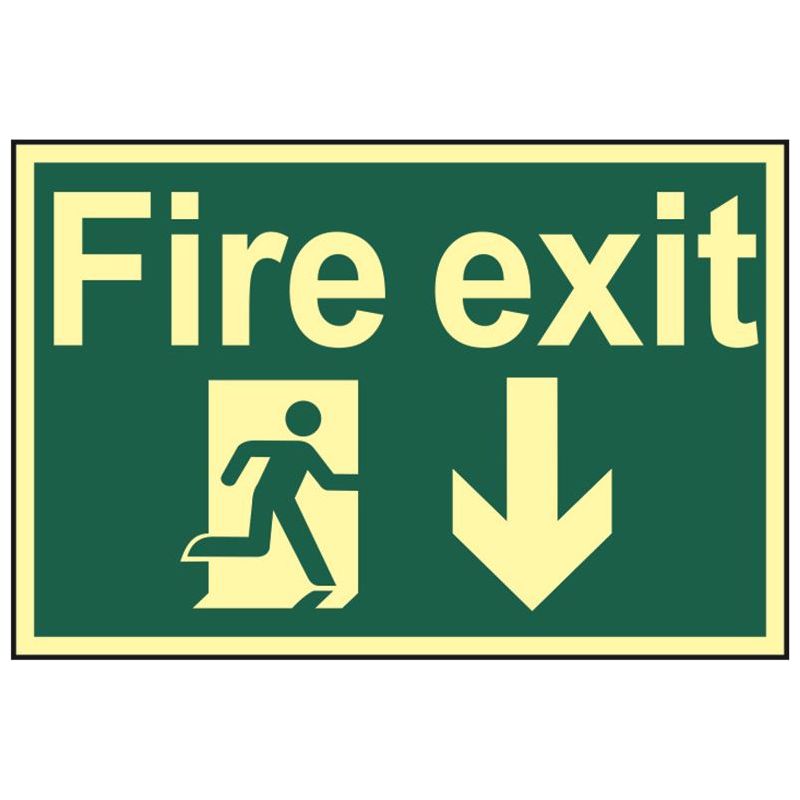 Scan Fire Exit Running Man Arrow Down - Photoluminescent 300 x 200mm Scan - Dynamic Drive