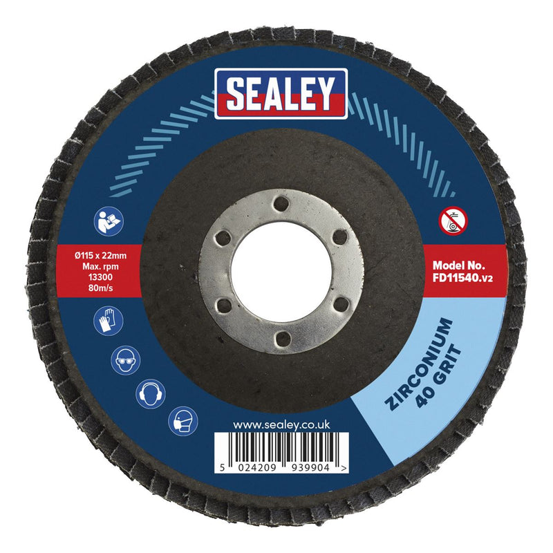 Sealey Flap Disc Zirconium 115mm 22mm Bore 40Grit FD11540 Sealey  - Dynamic Drive