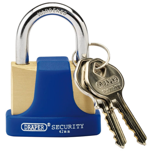 Draper Solid Brass Padlock and 2 Keys with Hardened Steel Shackle and Bumper, 42 Draper - Dynamic Drive
