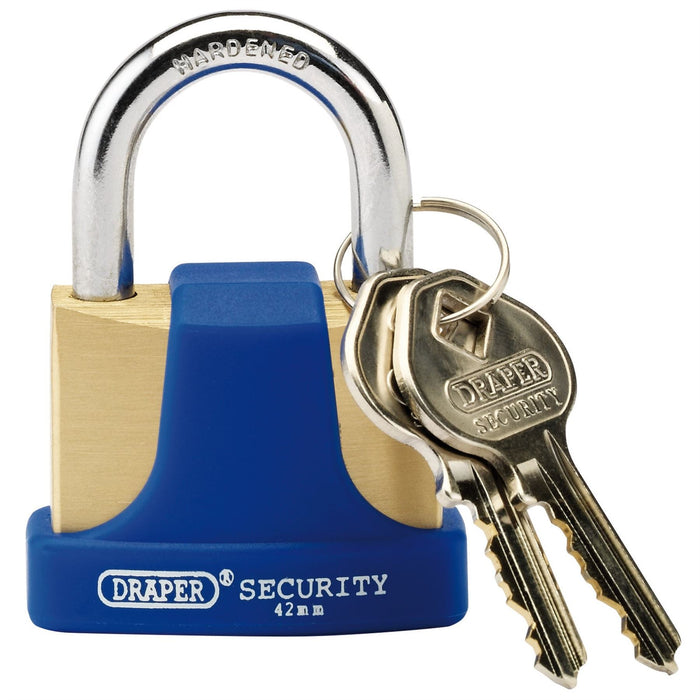 Draper Solid Brass Padlock and 2 Keys with Hardened Steel Shackle and Bumper, 42 Draper - Dynamic Drive