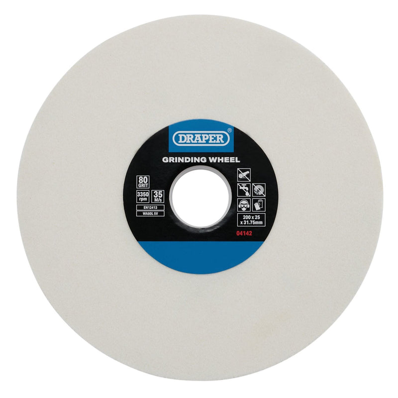 Draper Aluminium Oxide Bench Grinding Wheel, 200 x 25mm, 80G, White 04142 Draper - Dynamic Drive