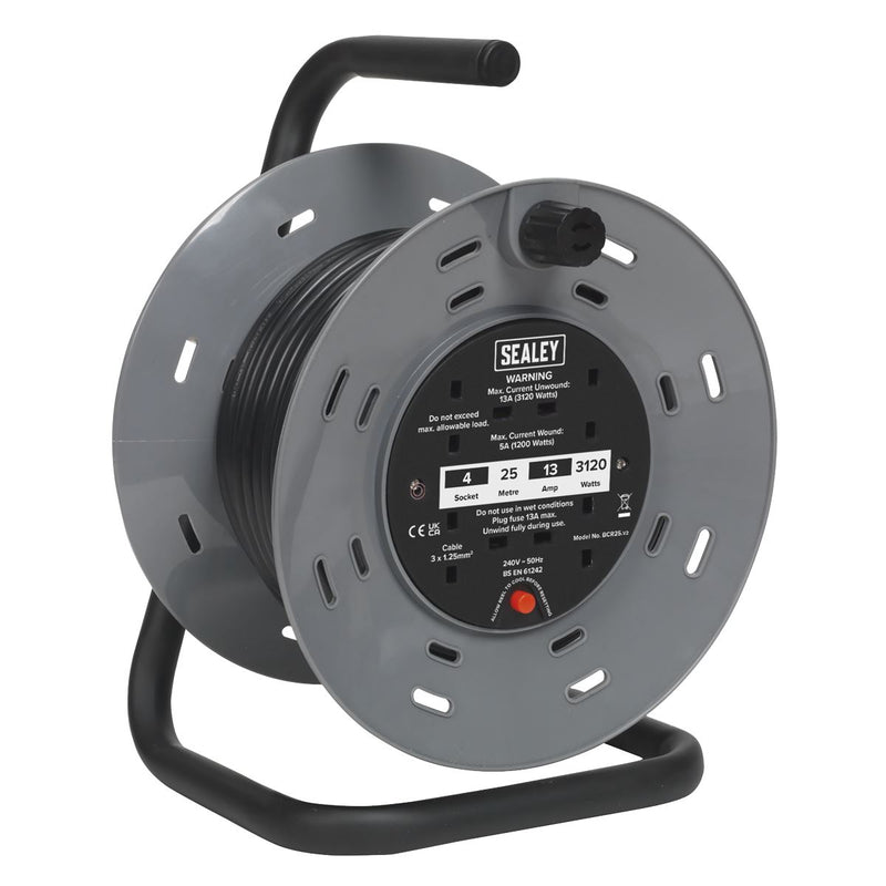 Sealey Cable Reel 25m 4 x 230V 1.25mmï Thermal Trip BCR25 Sealey - Dynamic Drive