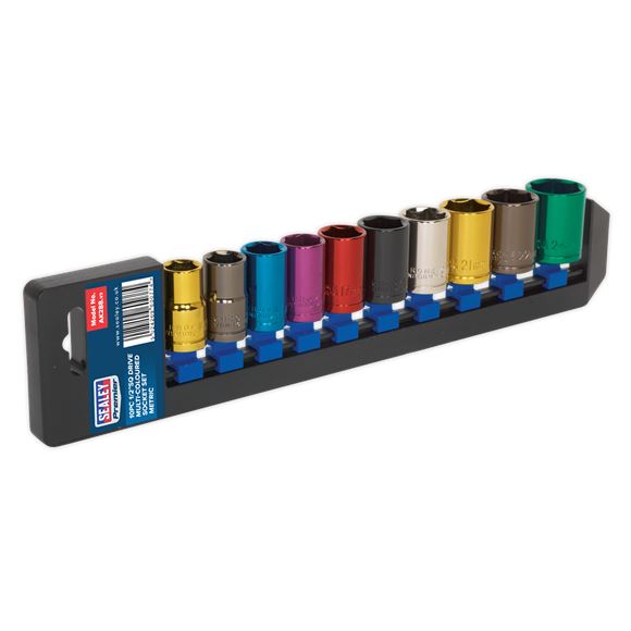 Sealey Premier 10pc 1/2" Drive Multi Coloured Hex Socket Set 13-24mm WallDrive Sealey  - Dynamic Drive