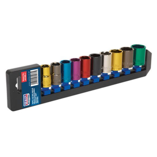 Sealey Premier 10pc 1/2" Drive Multi Coloured Hex Socket Set 13-24mm WallDrive Sealey  - Dynamic Drive