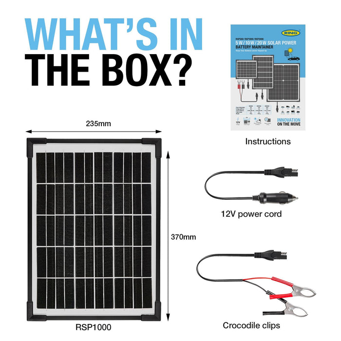 Ring Automotive RSP1000 10W Solar Panel Battery Maintainer 18v Monocrystalline C Ring Automotive - Dynamic Drive