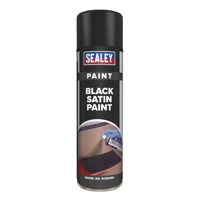 Sealey Black Satin Spray Paint 500ml for Metal Wood Plastic Fast Drying Sealey  - Dynamic Drive