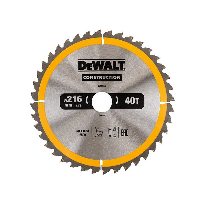 Dewalt Power Tools Stationary Construction Circular Saw Blade 216 x 30mm x 40T ATB/Neg DeWALT Power Tools - Dynamic Drive