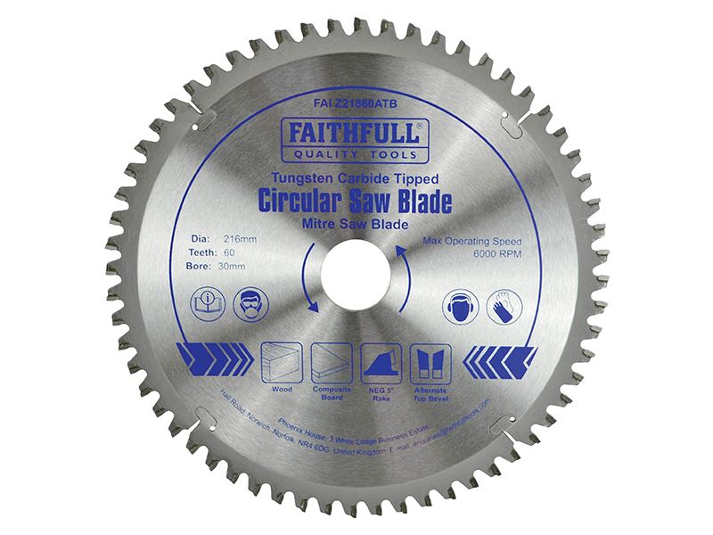 Faithfull TCT Cross Cut Mitre Saw Blade 216 x 30mm x 60T NEG Faithfull - Dynamic Drive