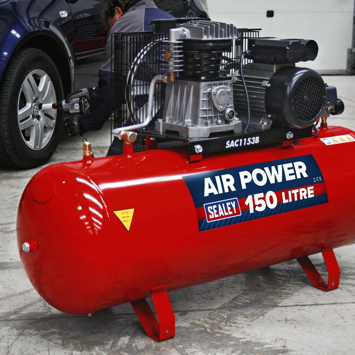 Sealey Air Compressor 150L Belt Drive 3hp with Cast Cylinders SAC1153B Sealey - Dynamic Drive