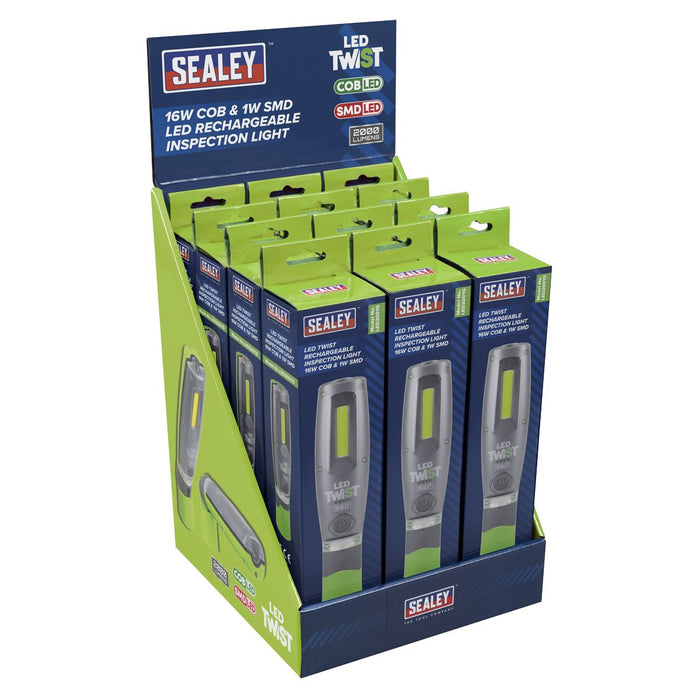 Rechargeable Inspection Light 16W COB & 1W SMD LED - Green - Display Box of 12 Sealey - Dynamic Drive