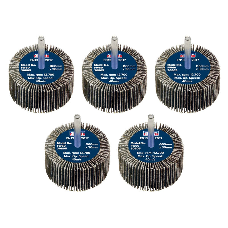 Sealey 60 x 30mm Abrasive Flap Wheel on 6mm Shaft 80Grit - Pack of 5 FW6030805 Sealey - Dynamic Drive