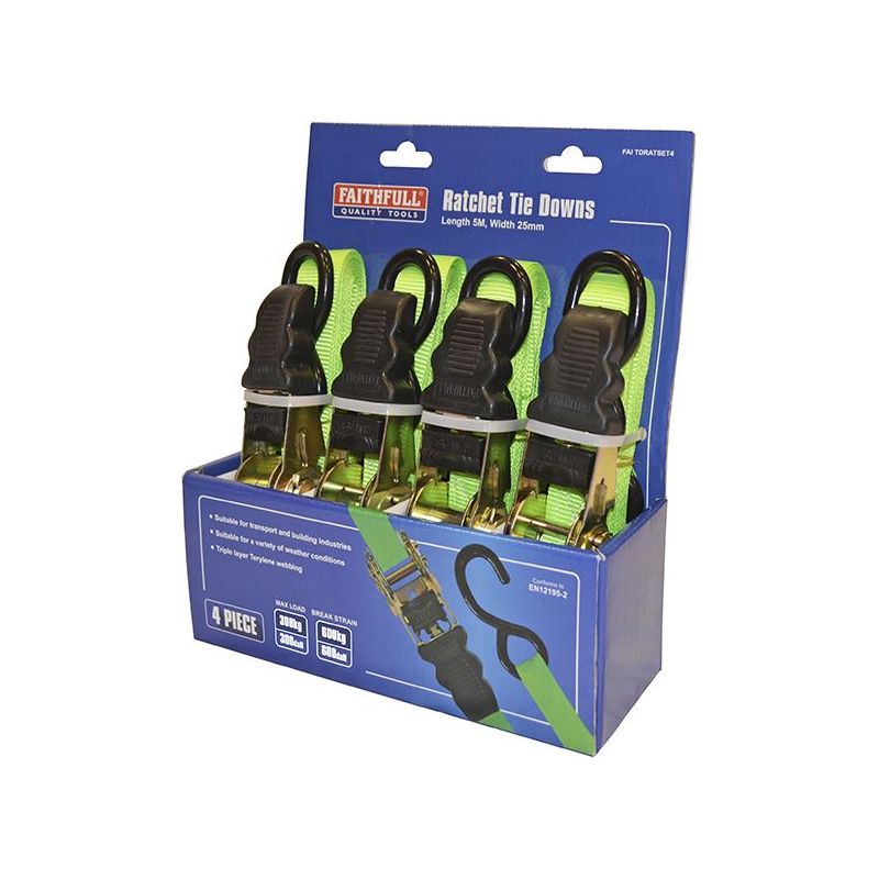 Faithfull Ratchet Tie-Downs 5m x 25mm Green 4 Piece Faithfull - Dynamic Drive