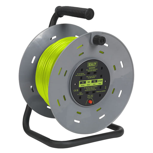 Sealey 50m Cable Reel with Thermal Trip 4 x 230V - Hi-Vis Green BCR50G Sealey - Dynamic Drive