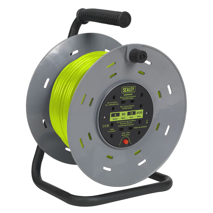 Sealey 50m Cable Reel with Thermal Trip 4 x 230V - Hi-Vis Green BCR50G Sealey - Dynamic Drive