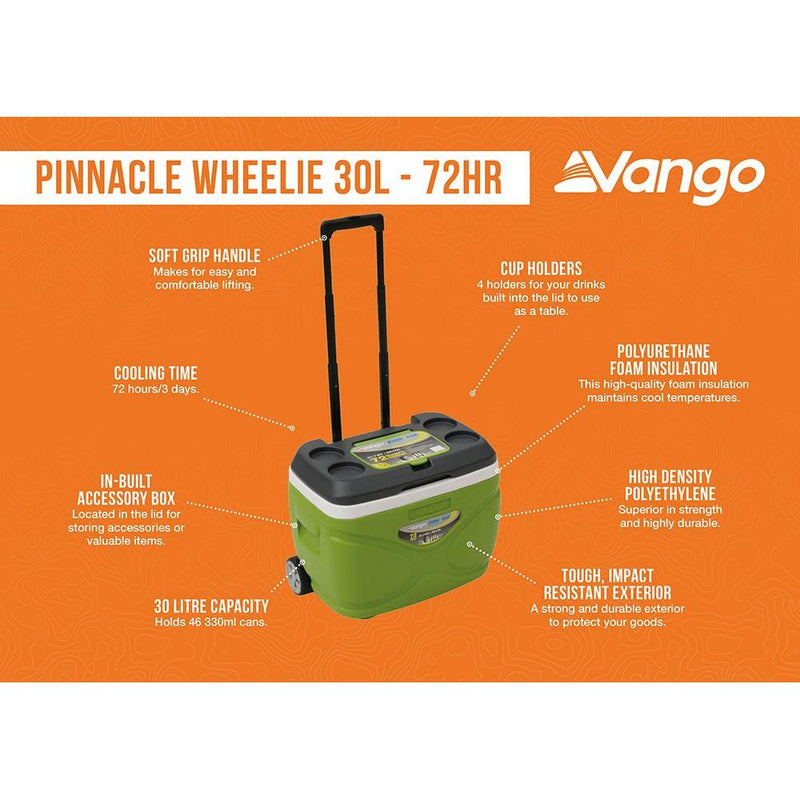 Vango Pinnacle Wheelie 30L 72H Cool Box Green Picnic Camping Food Drink Cooler Vango - Dynamic Drive