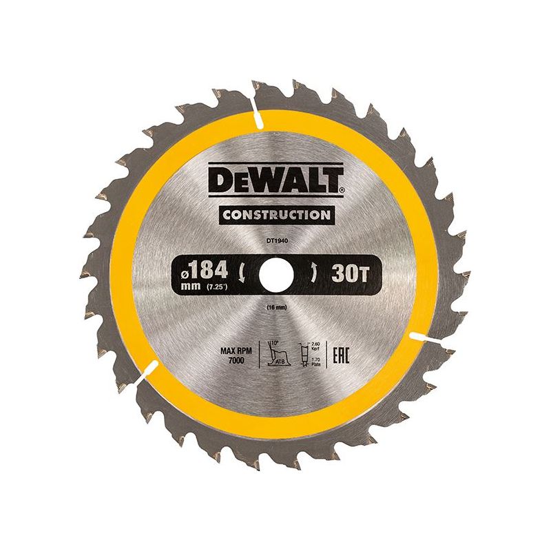 Dewalt Power Tools Portable Construction Circular Saw Blade 184 x 16mm x 30T DeWALT Power Tools - Dynamic Drive