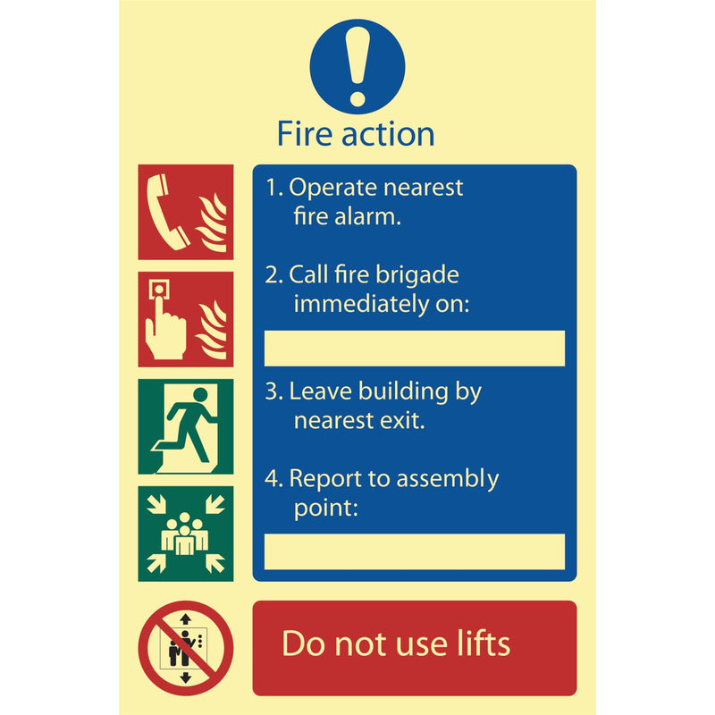 Draper Glow In The Dark 'Fire Action Procedure' Mandatory Sign 72157 Draper - Dynamic Drive