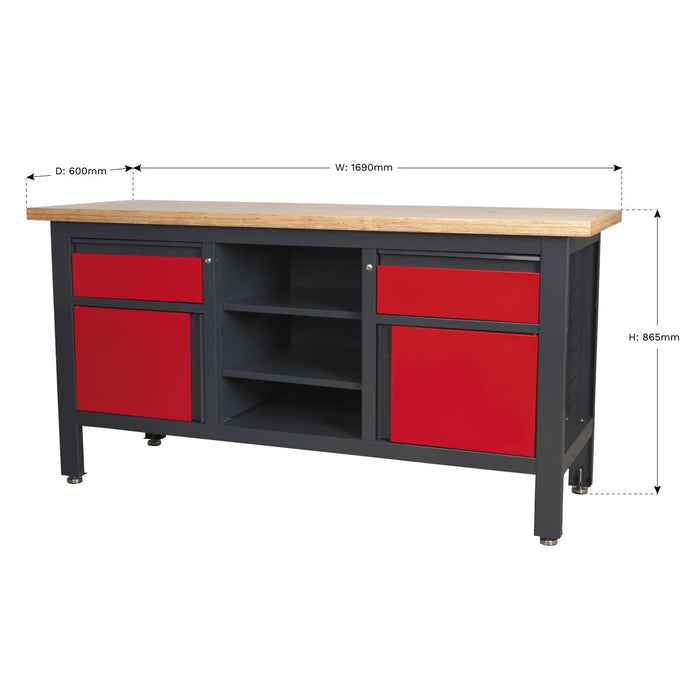 Sealey Workstation with 2 Drawers 2 Cupboards & Open Storage AP1905A Sealey - Dynamic Drive