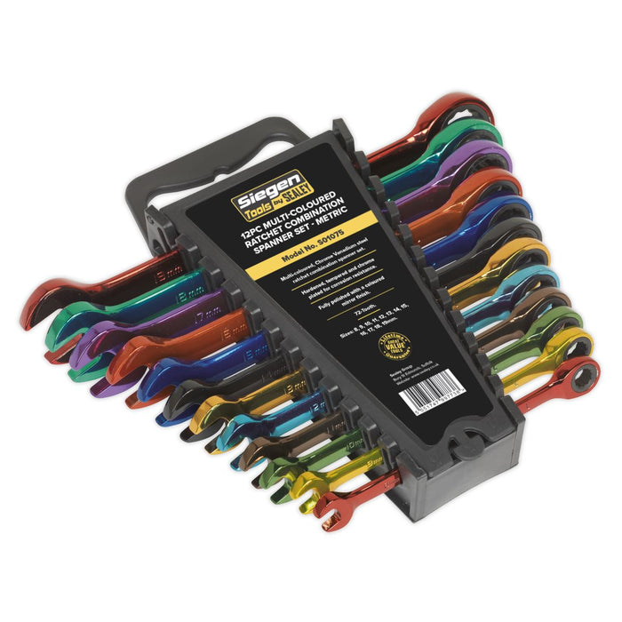 Sealey Ratchet Combination Spanner Set 12pc Multi-Coloured Metric S01075 Siegen by Sealey - Dynamic Drive