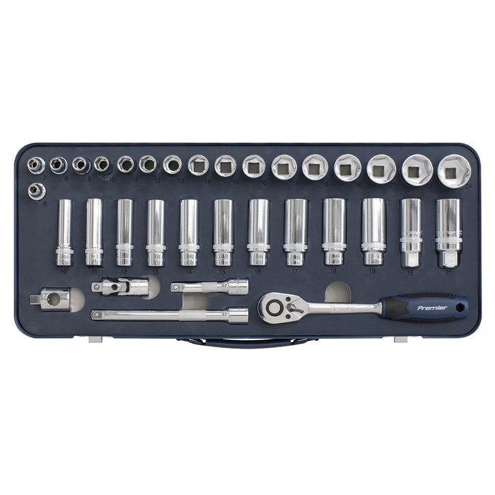 Sealey Premier 34pc 3/8" Drive Lock On Socket Set 6-24mm Ratchet Handle Sealey  - Dynamic Drive