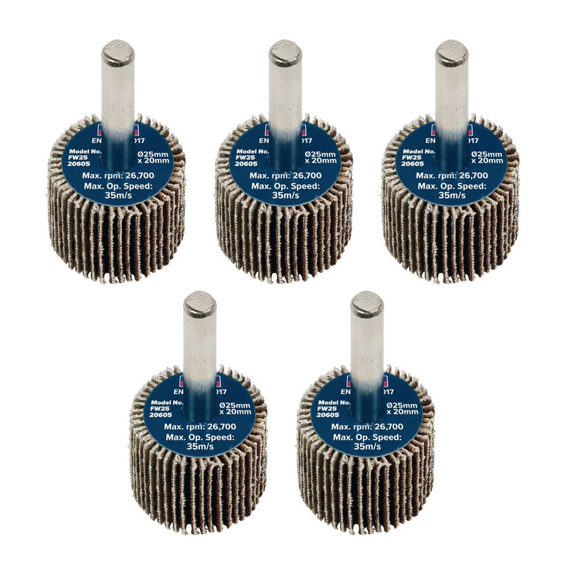Sealey 25 x 20mm Abrasive Flap Wheel on 6mm Shaft 60Grit - Pack of 5 FW2520605 Sealey - Dynamic Drive