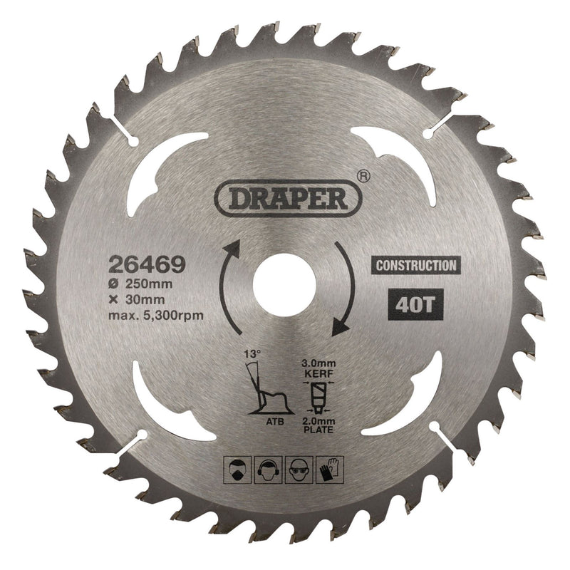 Draper TCT Construction Circular Saw Blade, 250 x 30mm, 40T 26469 Draper - Dynamic Drive