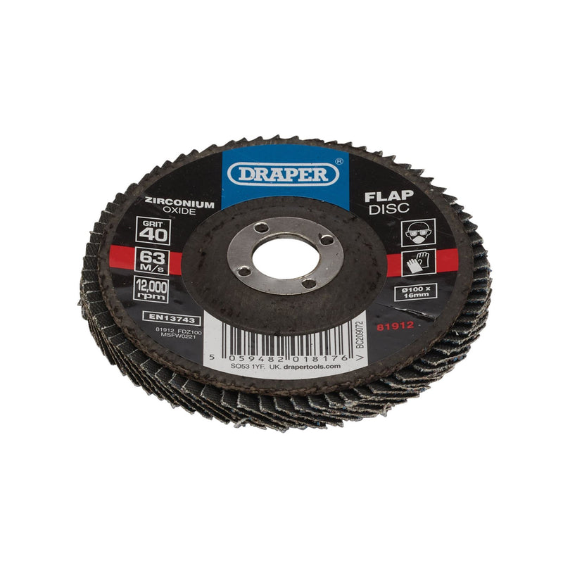 Draper Zirconium Oxide Flap Disc, 100 x 16mm, 40 Grit 81912 Draper - Dynamic Drive