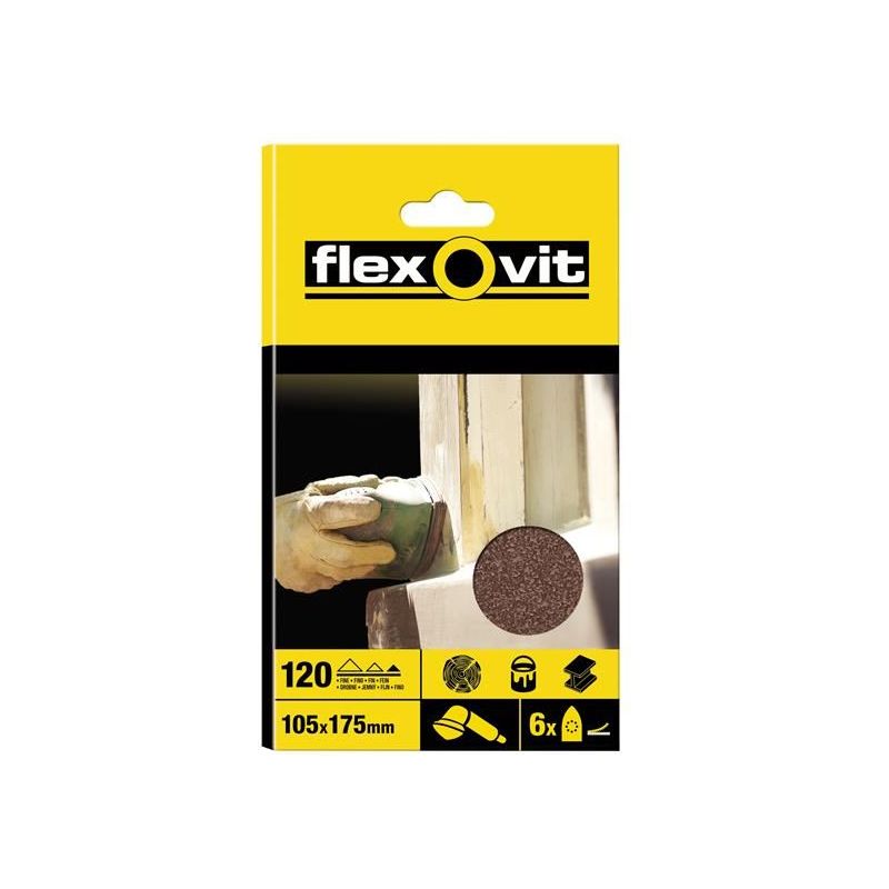Flexovit Detail Hook & Loop Sanding Sheets 105x175mm Fine 120G (Pack 6) Flexovit - Dynamic Drive