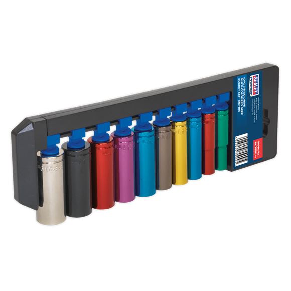 Sealey Premier 10pc 3/8" Drive Deep Multi Coloured Hex Socket Set 10-19mm Sealey  - Dynamic Drive