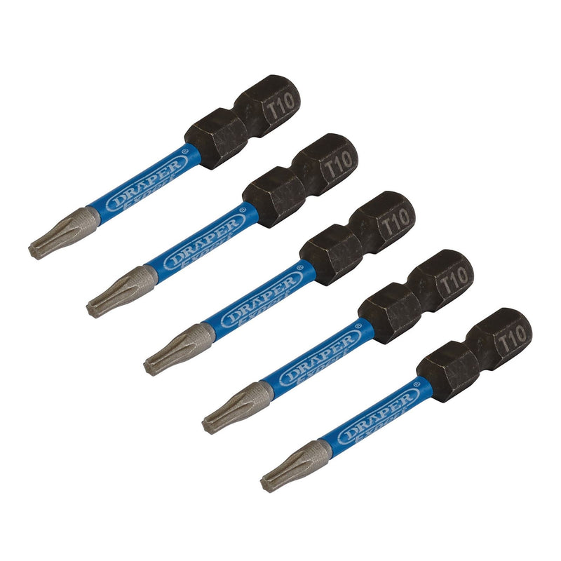 Draper Expert TX-STAR Impact Screwdriver Bits, T10 x 50mm, 1/4" Hex (Pack of 5) Draper - Dynamic Drive