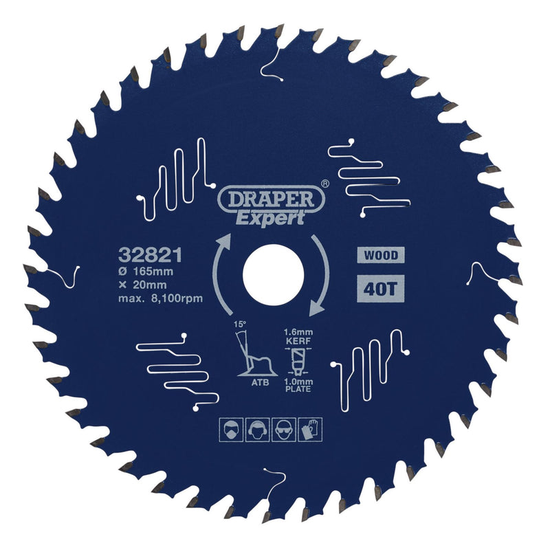 Draper Expert TCT Circular Saw Blade for Wood with PTFE Coating, 165 x 20mm, 40T Draper - Dynamic Drive