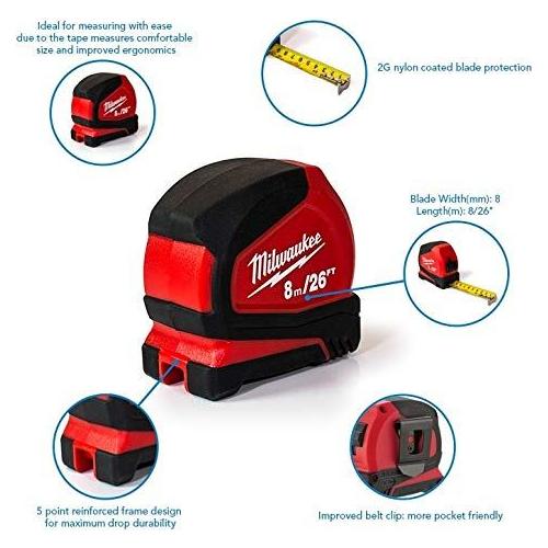 Milwaukee 4932459596 8m/26ft Pro Compact Tape Measure, Red Milwaukee - Dynamic Drive